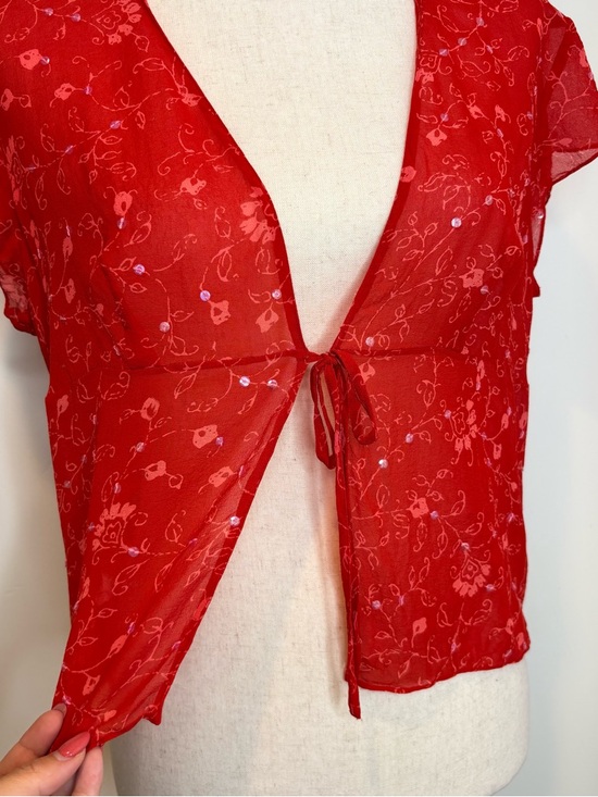 Vintage 90’s Y2K Ann Taylor Silk Tie Front Top Sequins Sheer Red - Picture 2 of 7
